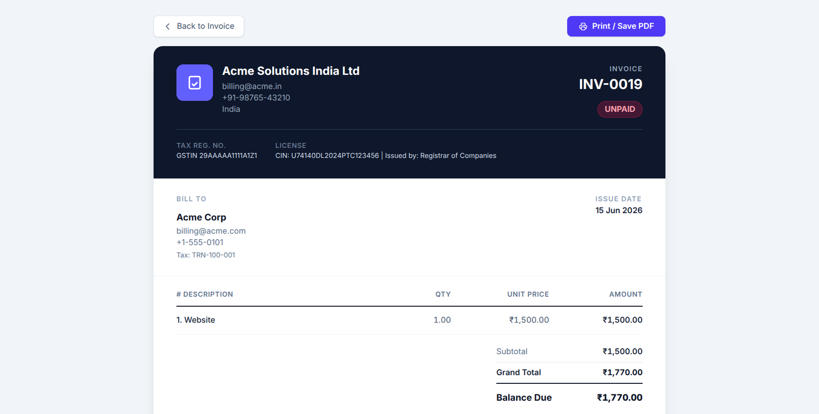 Glofora Invoice PDF Layout screenshot