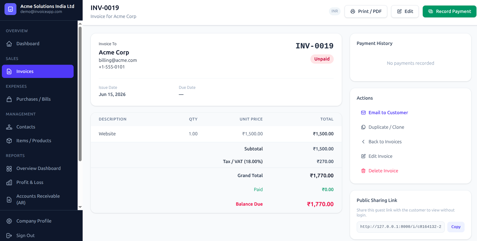 Glofora Invoice Detail View