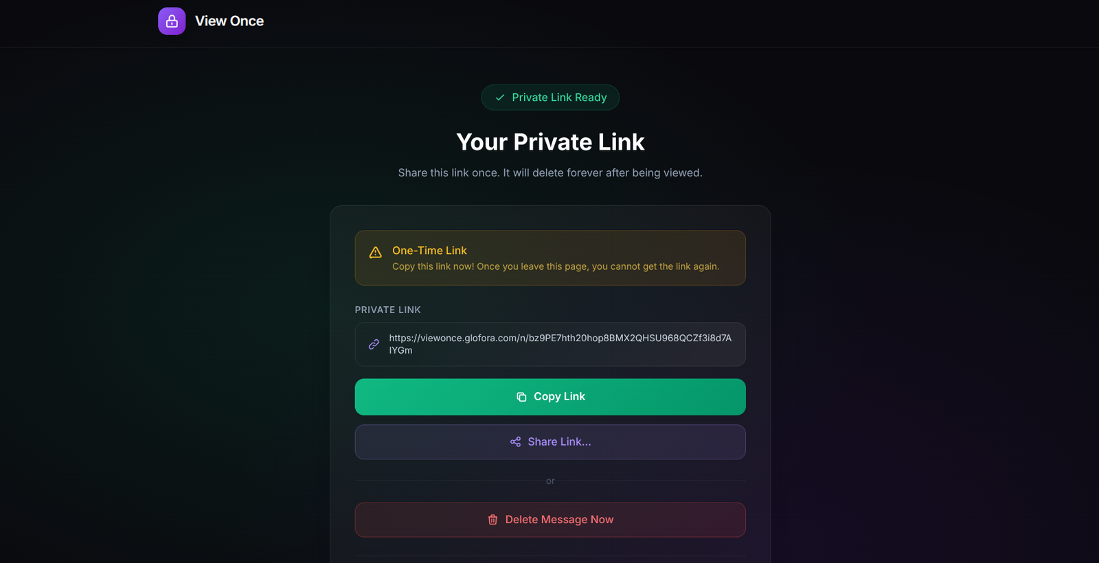 Glofora View Once Shareable Link screenshot